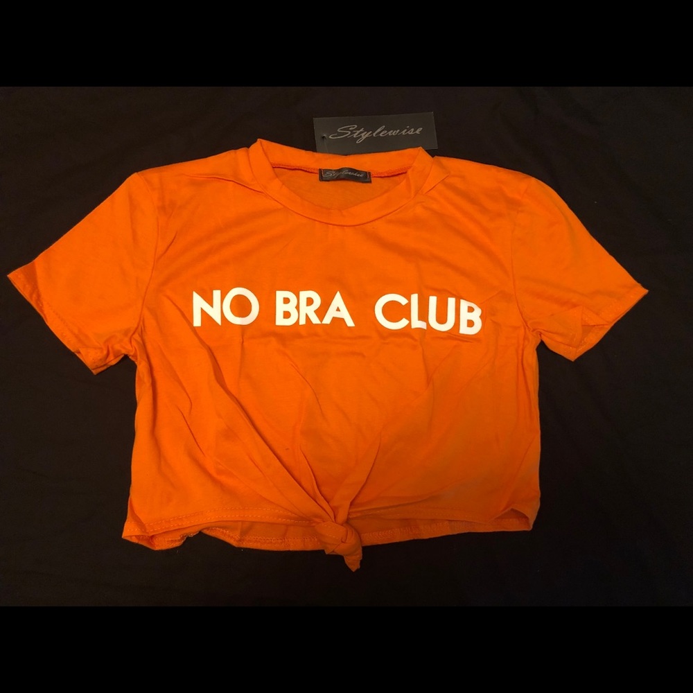 “No Bra Club” neon orange crop tops